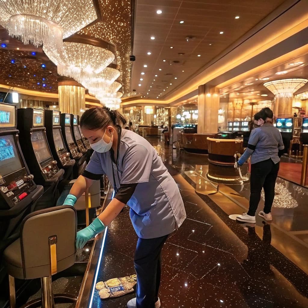Cleaners wiping slot machines and mopping the polished floor of a casino gaming area