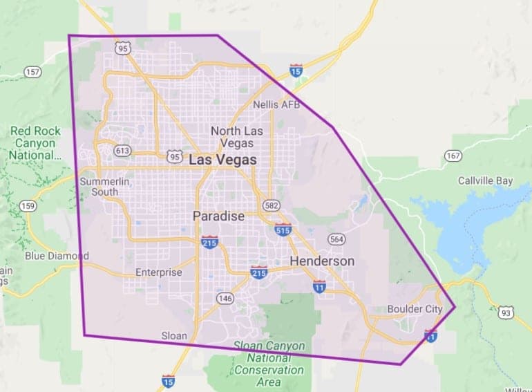 Map outlining the Las Vegas valley service area across Las Vegas, North Las Vegas, Henderson and Boulder City