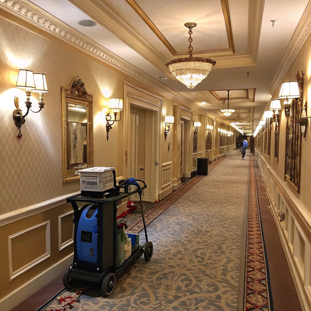 Carpet extractor parked in a chandelier-lit hotel corridor with patterned carpet