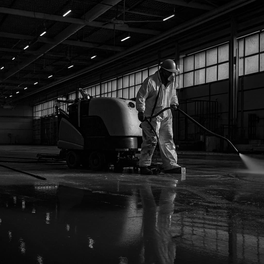 Worker in coveralls and a respirator pressure washing a warehouse floor beside a ride-on scrubber