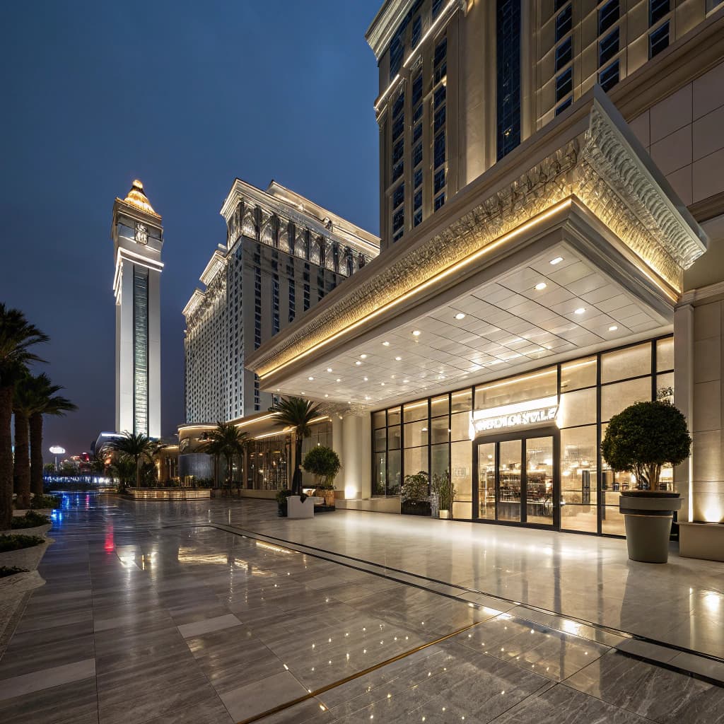 Illuminated hotel entrance at night with polished stone paving beneath the canopy
