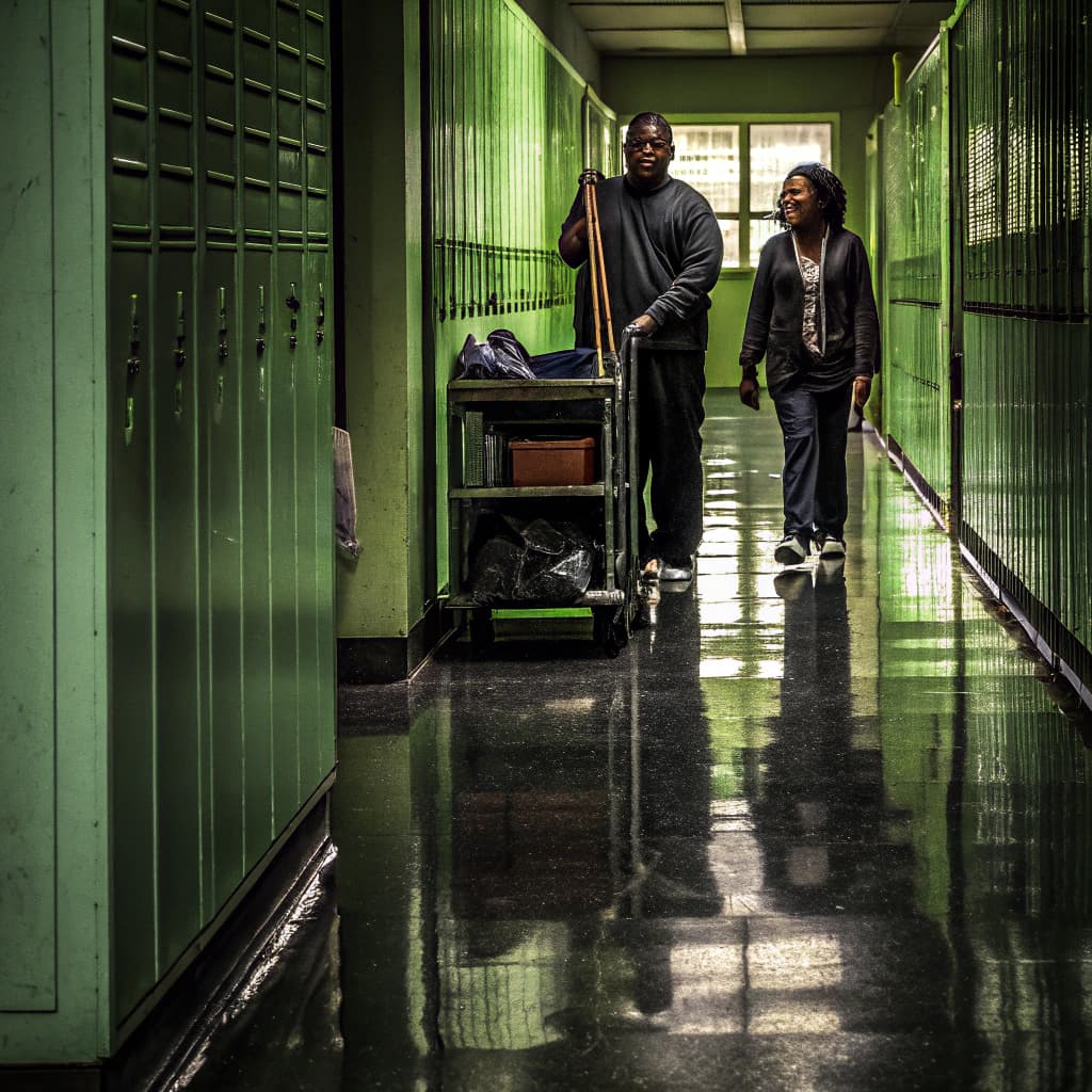 Two custodians with a supply cart in a school corridor lined with green lockers