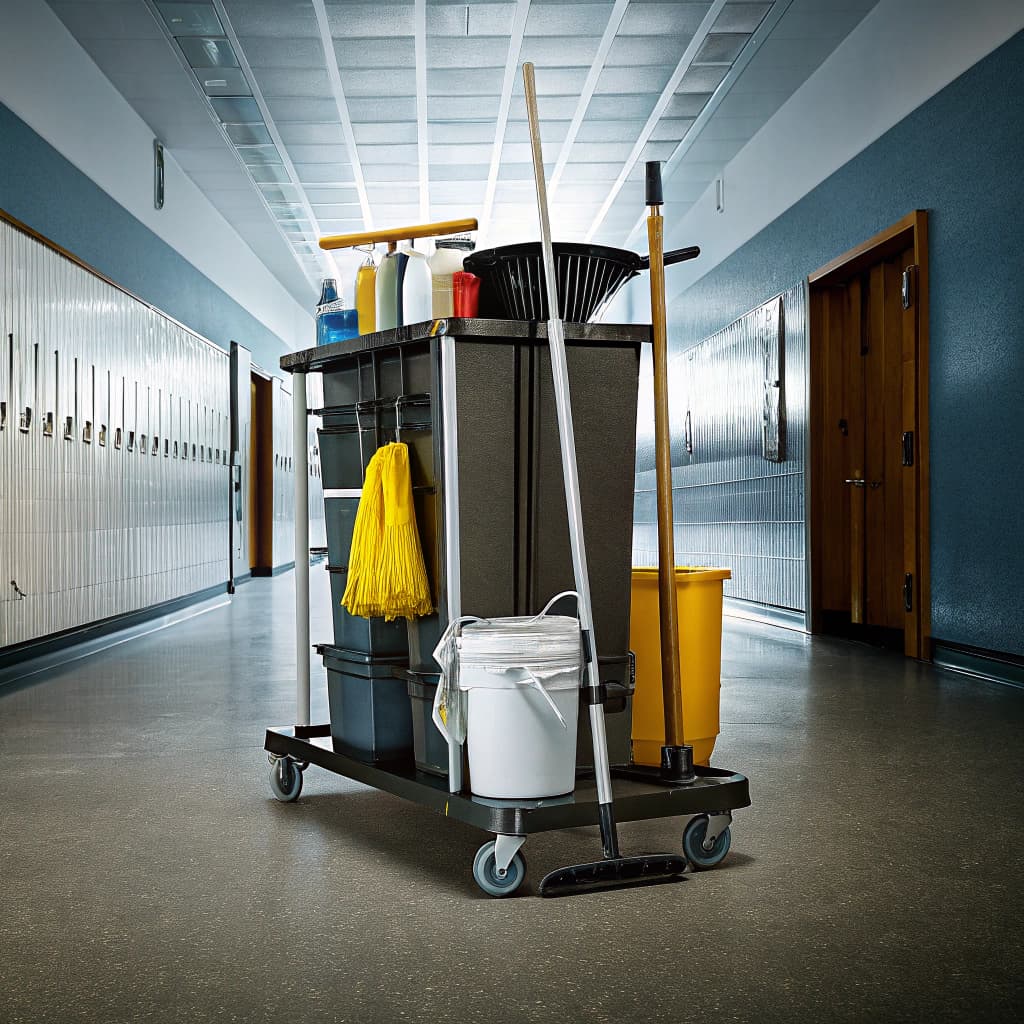 Janitorial cart of mops, buckets and supplies in a school corridor of lockers